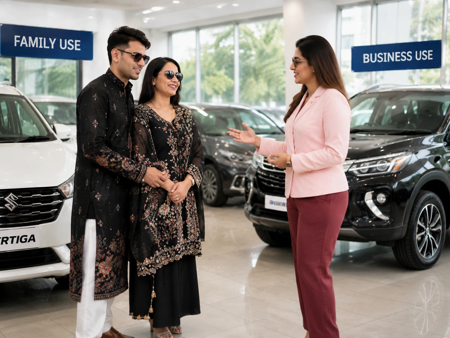 Customers choosing a car with expert guidance