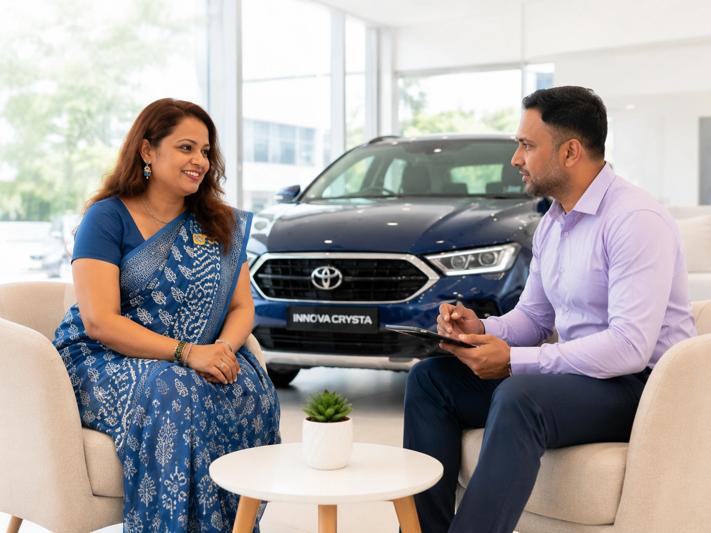 Customer discussing a car purchase with an automotive advisor